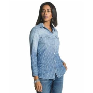 Chico’s Top Women’s 0(S) Blue Polka Dot Cotton Chambray Button Down Shirt Top